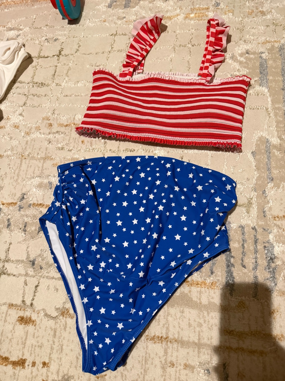Maternity Two-Piece Swim Bikini - Red Stripe Top & Blue Star Bottom